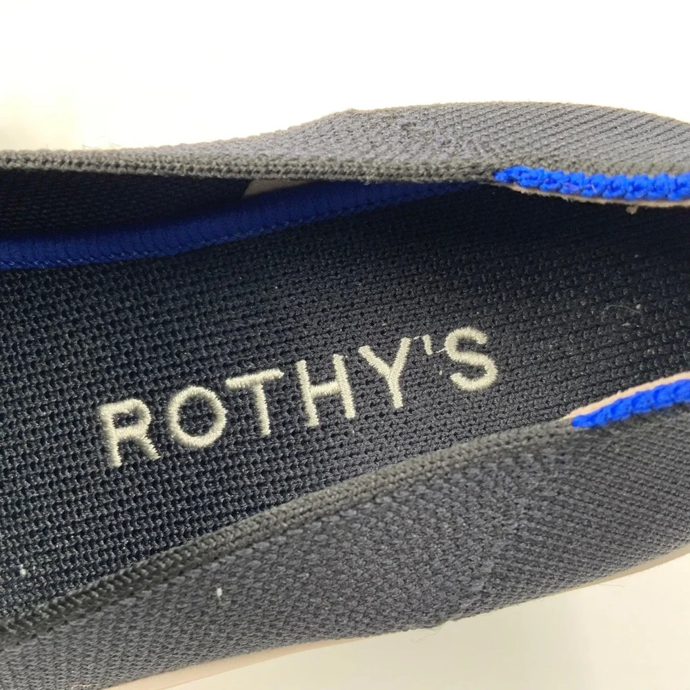 Rothys The Sneaker Black Knit Slip On Shoes Blue Stripe Women 7